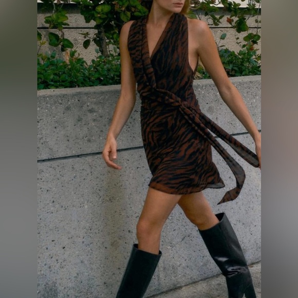 NWT Zara Brown Zebra Print Wrap Dress - Picture 2 of 3